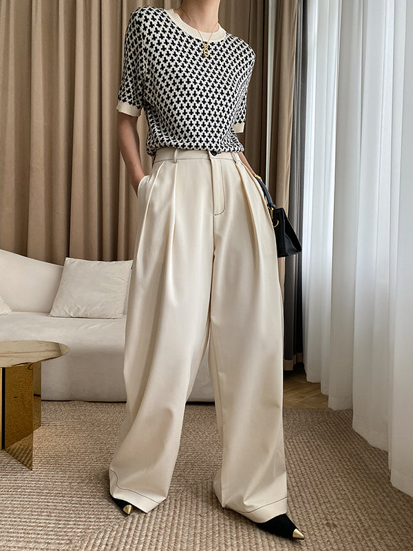 Half Sleeves Houndstooth Round-Neck Sweater Tops