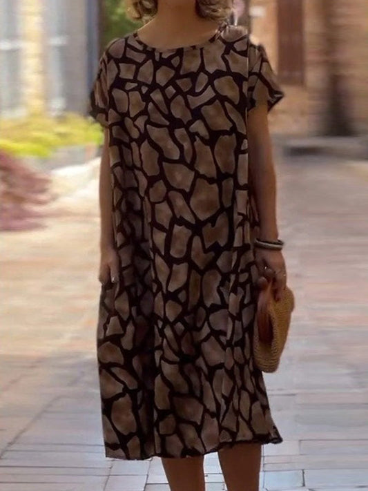 Loose Plus Size Floral Printed Split-Joint Round-Neck Midi Dresses