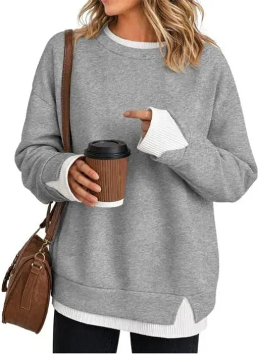 Split-Joint Contrast Color Plus Size Loose Round-neck Sweater Pullovers