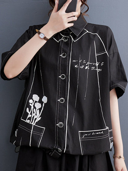 Lose Kurzarm-Blusen und -Hemden mit geknöpftem, bedrucktem Revers 