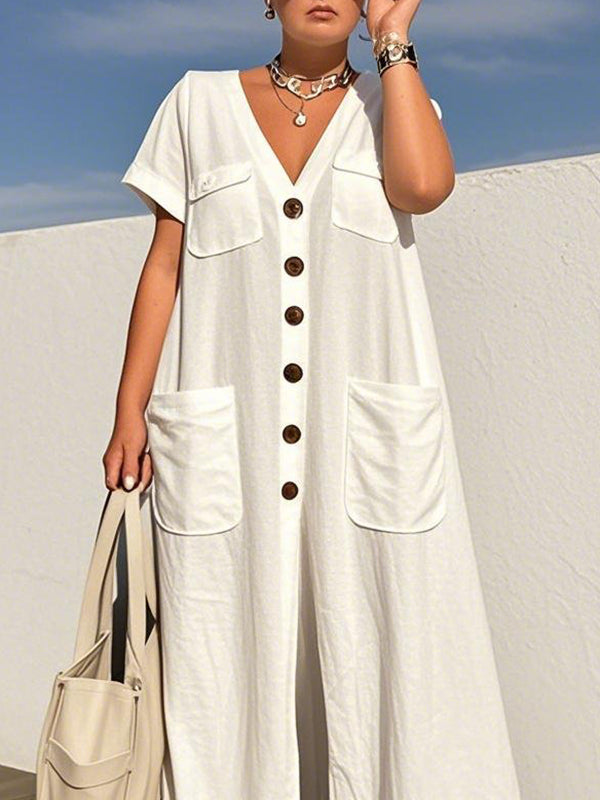 Loose Short Sleeves Buttoned Pockets Solid Color V-Neck Jumpsuits