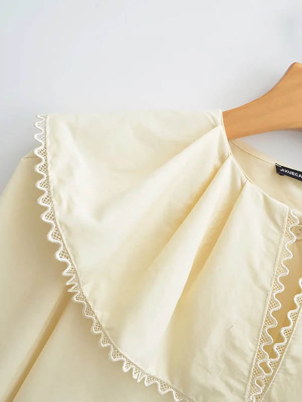 Loose Puff Sleeves Pleated See-Through Solid Color Split-Joint Peter Pan Collar Blouses&Shirts Tops