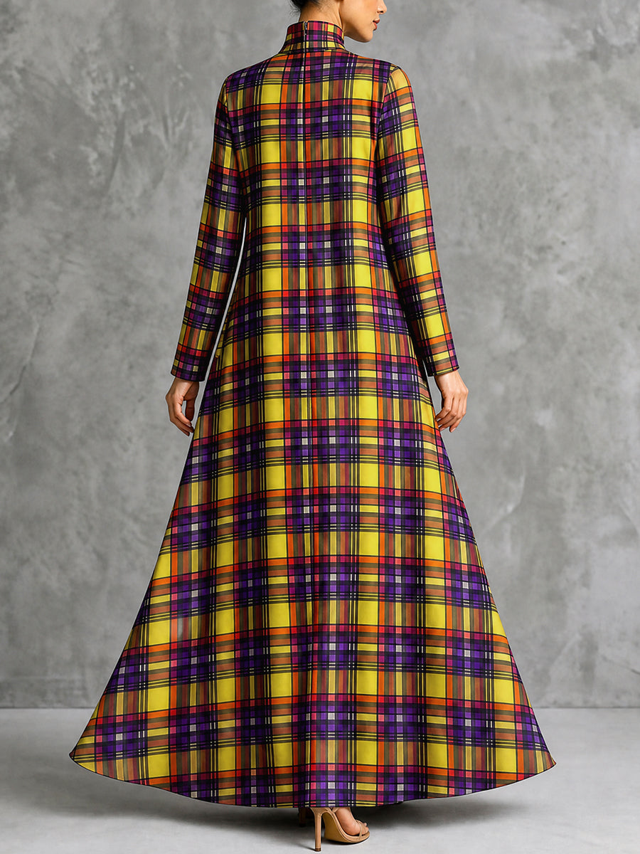 Zipper Pockets Plaid Contrast Color Big Hemline Long Sleeves A-line High-neck Maxi Dresses