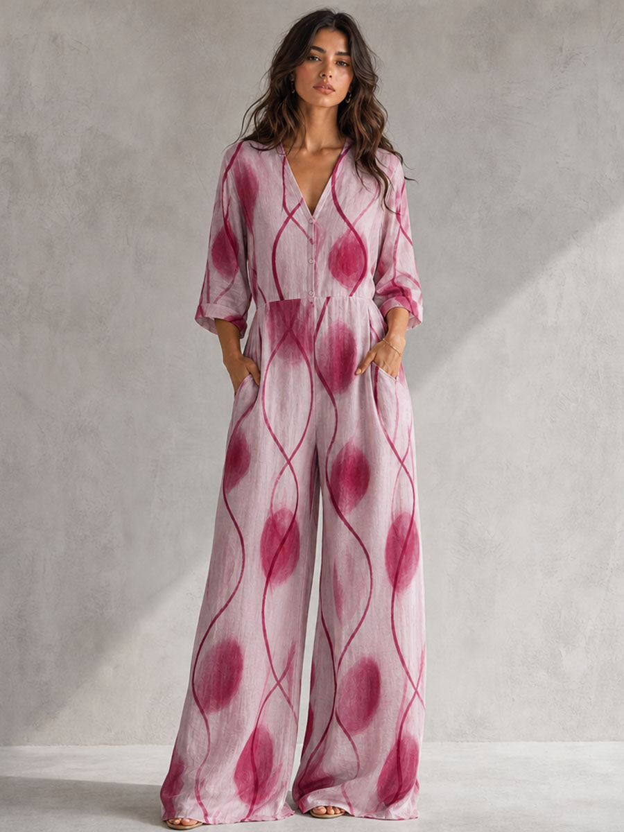 Wave Print Pockets Elasticity Contrast Color Buttoned Wide Leg Three-quarter Sleeves V-neck Jumpsuits