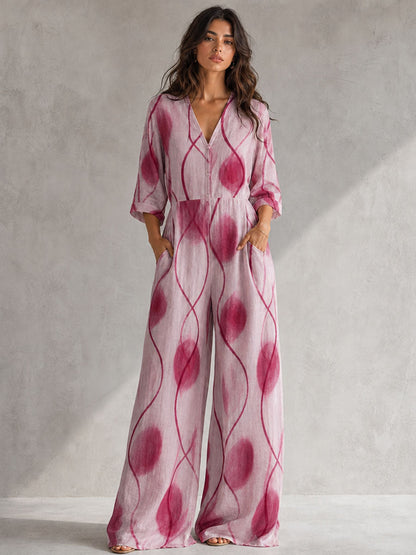 Wave Print Pockets Elasticity Contrast Color Buttoned Wide Leg Three-quarter Sleeves V-neck Jumpsuits