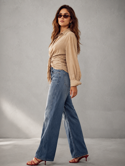 Long Sleeves Loose Buttoned Knot Solid Color Lapel Blouses&Shirts Tops