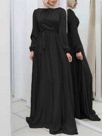 Long Sleeves Loose Pleated Solid Color Tied Waist Maxi Dresses