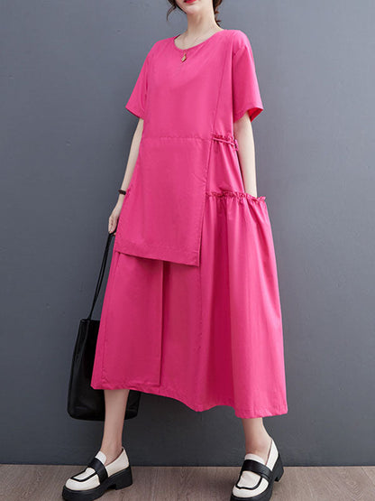 Loose Short Sleeves Solid Color Split-Joint Round-Neck Midi Dresses