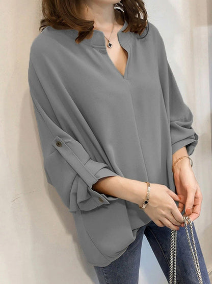 Casual Long Sleeves Loose Solid Color V-Neck Blouses&Shirts Tops