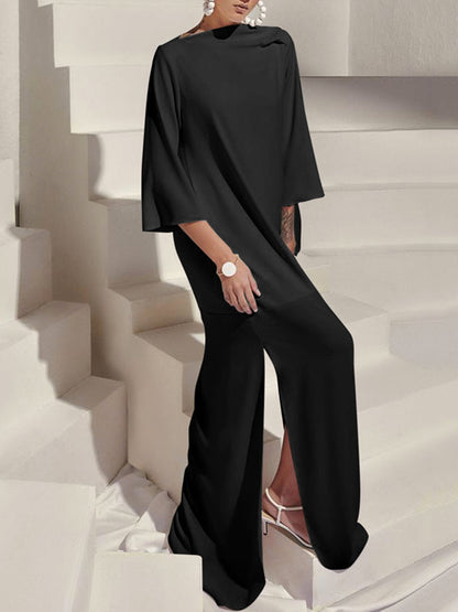 Robe longue ample à manches trois-quarts, couleur unie, fendue sur les côtés, col bateau 