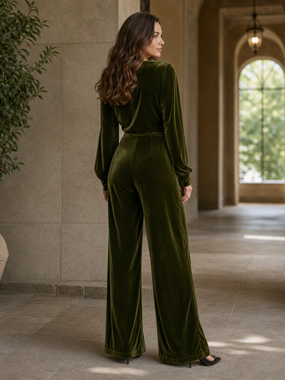 Velvet Solid Color Ruched Pockets Long Sleeves High Waisted Boat Neck Jumpsuits