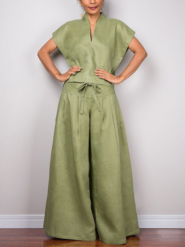 Batwing Sleeves Loose Solid Color Split-Joint V-Neck Blouses&Shirts Tops