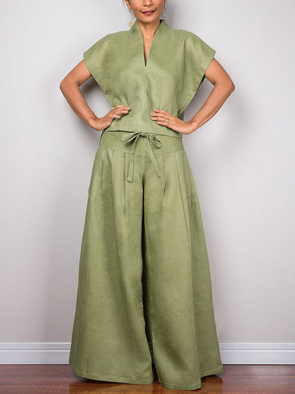 High Waisted Loose Drawstring Pleated Solid Color Split-Joint Pants Trousers