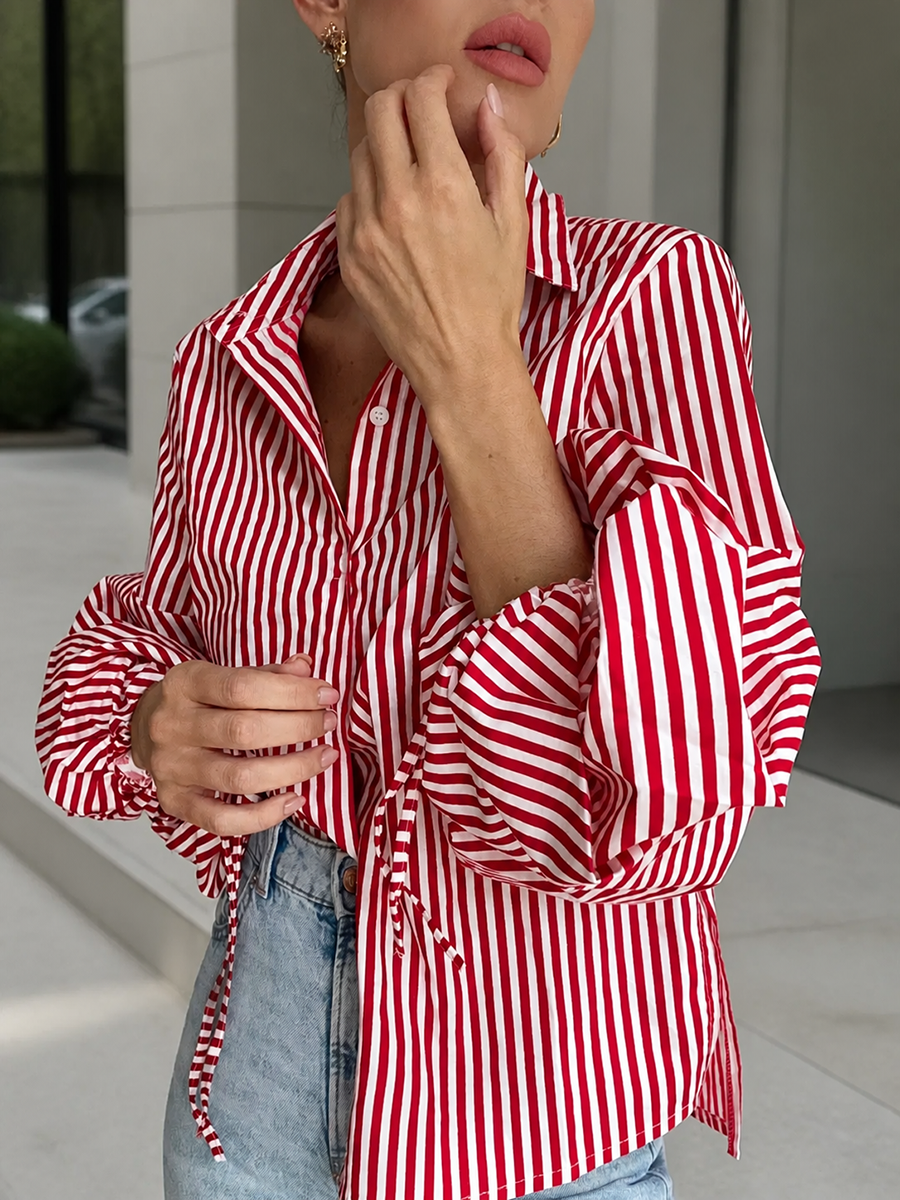 Striped Split-Joint Drawstring Buttoned Puff Sleeves Loose Lapel Blouses&shirts Tops
