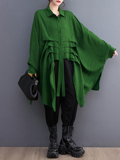 Long Sleeves Loose Pleated Solid Color Lapel Blouses&Shirts Tops