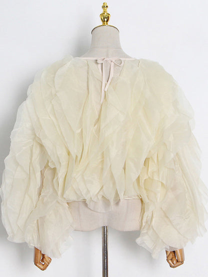 Long Sleeves Loose Lace-Up Solid Color Tiered Round-Neck Blouses&Shirts Tops