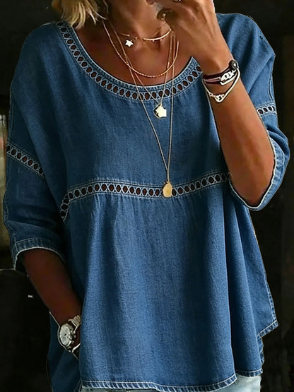 Loose Three-Quarter Sleeves Hollow Solid Color Round-Neck Blouses&Shirts Tops