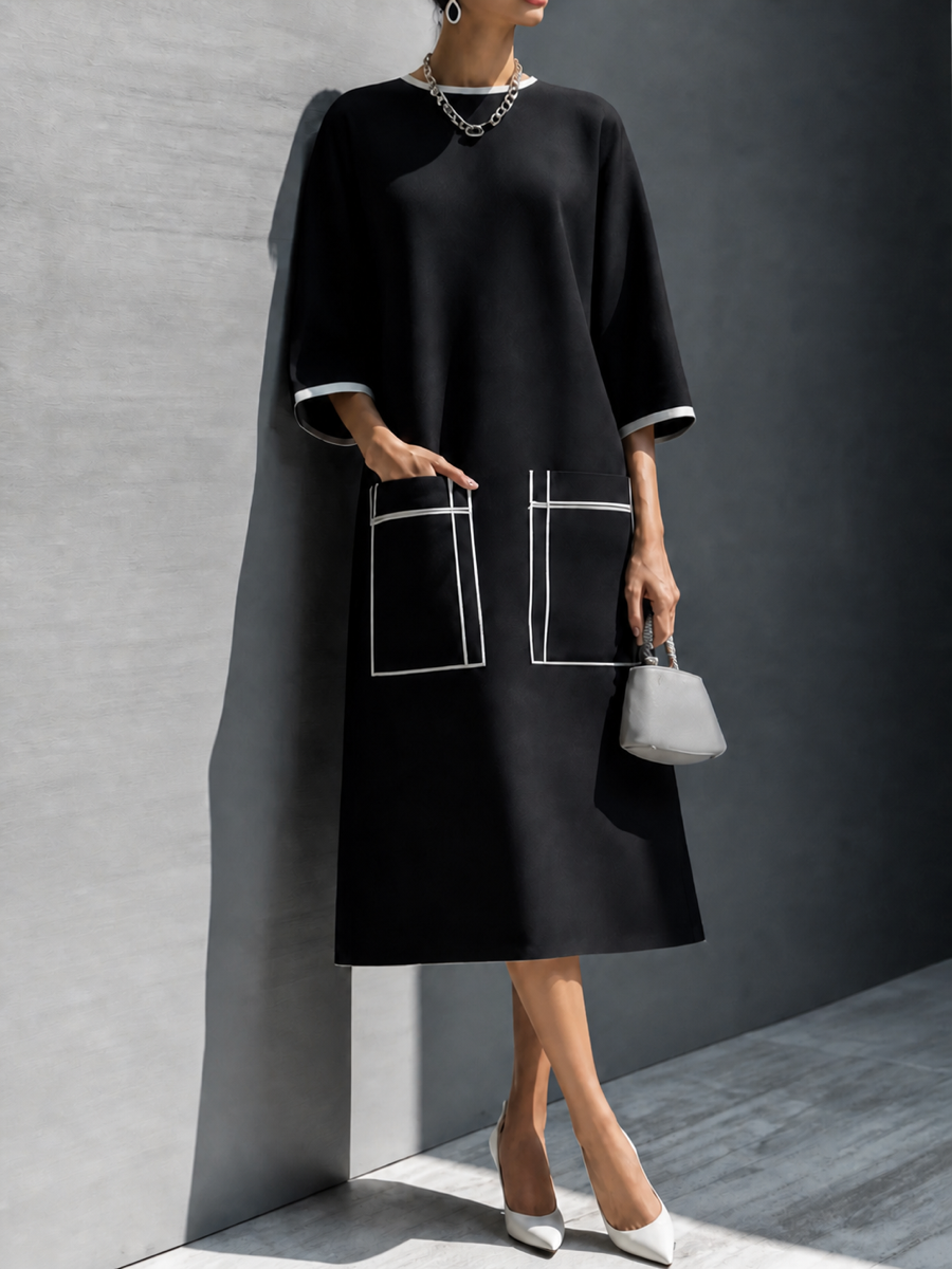 Pockets Contrast Color Plus Size Loose Round-neck Midi Dresses