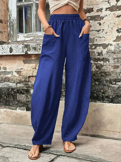 Pantalon ample grande taille avec poches élastiques et couleur unie 