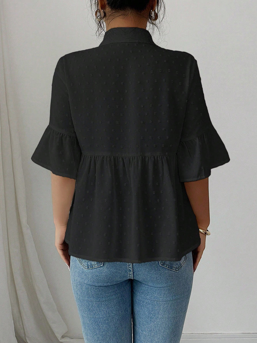 A-Line Flared Sleeves Buttoned Jacquard Pleated Solid Color Lapel Blouses&Shirts Tops