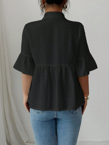 A-Line Flared Sleeves Buttoned Jacquard Pleated Solid Color Lapel Blouses&Shirts Tops