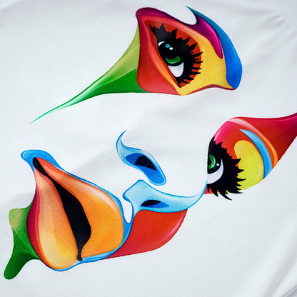 Cap Sleeve Loose Multi-Colored Printed High-Neck T-Shirts Tops