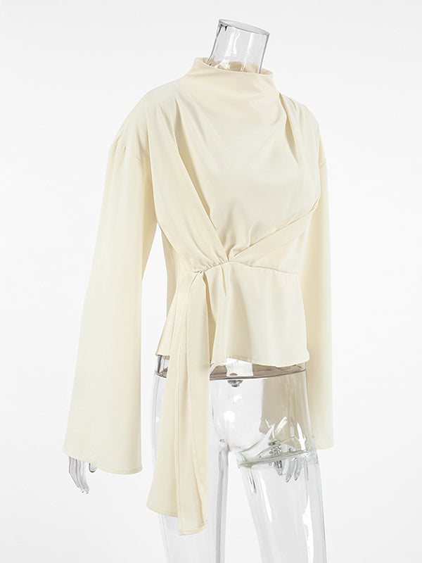 Flared Sleeves Long Sleeves Solid Color Twist Half Turtleneck Blouses&Shirts Tops
