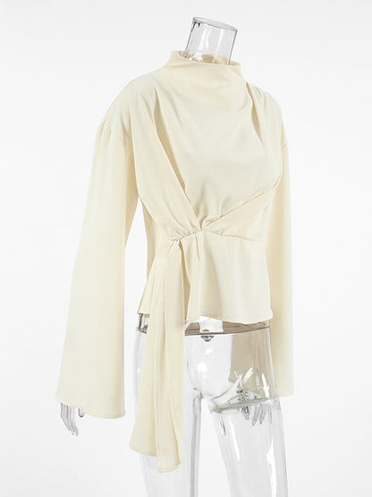 Flared Sleeves Long Sleeves Solid Color Twist Half Turtleneck Blouses&Shirts Tops