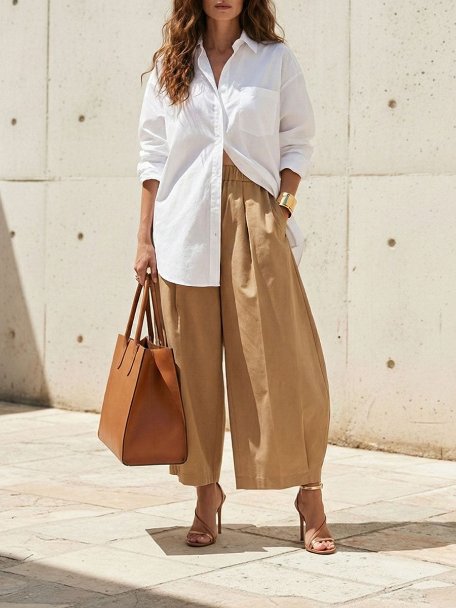Solid Color Pockets Pleated Wide Leg Loose Pants