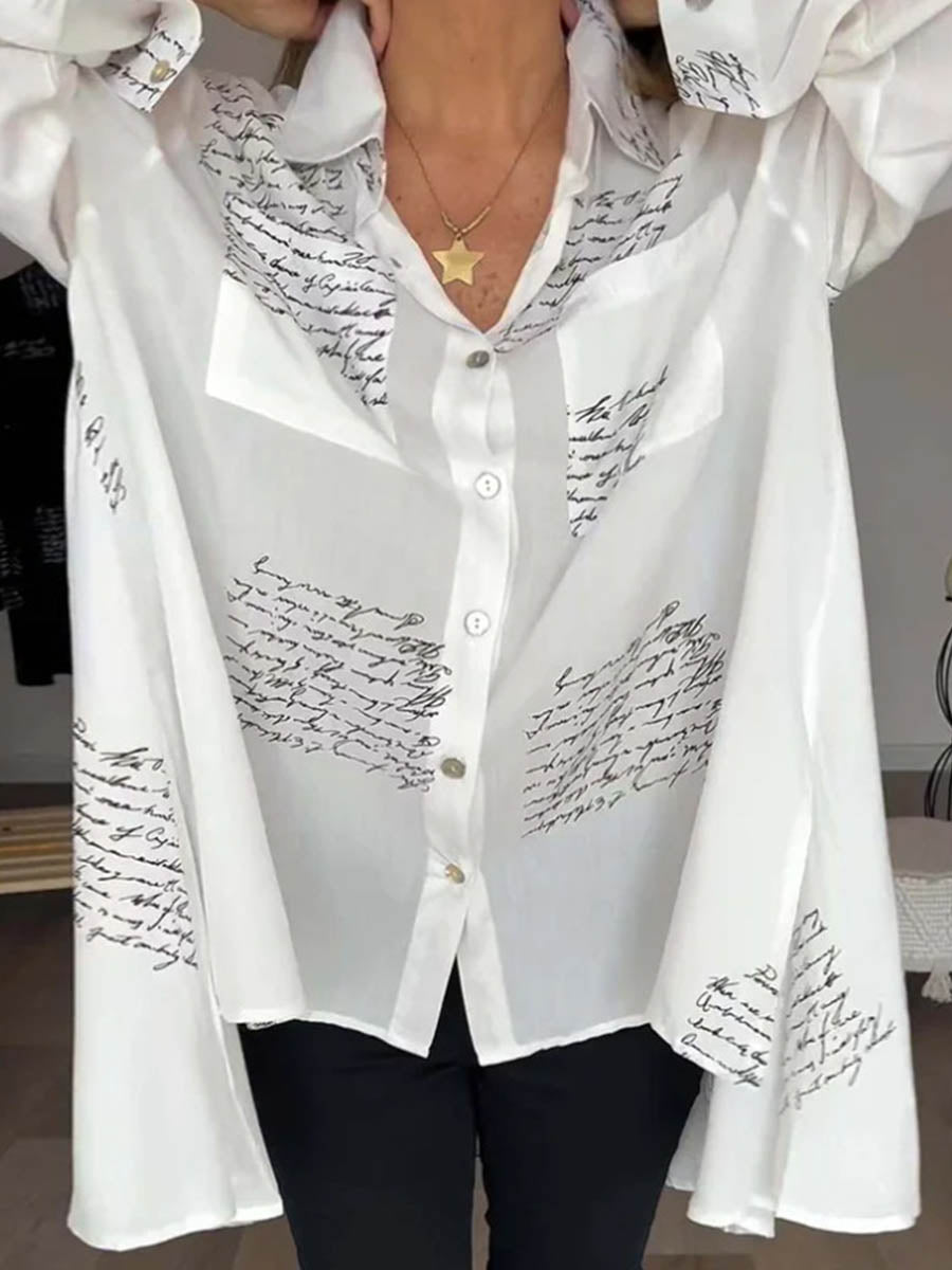 High-Low Long Sleeves Contrast Color Letter Print Pockets Lapel Blouses&Shirts Tops