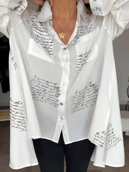 High-Low Long Sleeves Contrast Color Letter Print Pockets Lapel Blouses&Shirts Tops
