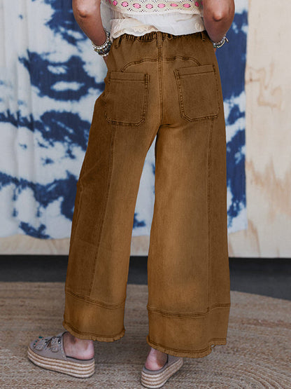 High Waisted Loose Drawstring Fringed Pockets Solid Color Jean Pants Bottoms