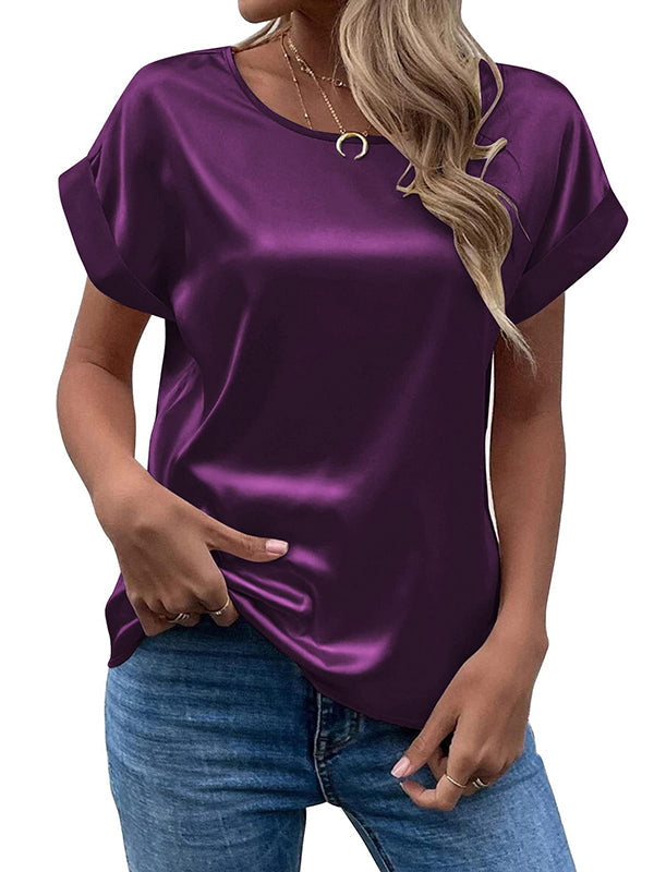 Loose Short Sleeves Solid Color Round-Neck T-Shirts Tops PURPLE