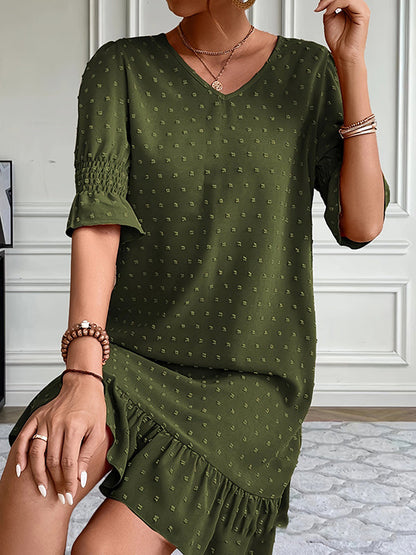 A-Line Flared Sleeves Elasticity Jacquard Pleated Solid Color Split-Joint V-Neck Mini Dresses