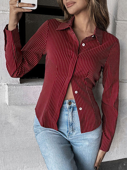 Long Sleeves Skinny Buttoned Contrast Color Striped Lapel Blouses&Shirts Tops