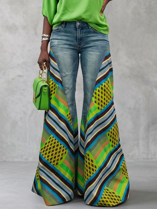 High Waisted Wide Leg Buttoned Contrast Color Pockets Split-Joint Striped Zipper Jean Pants Bottoms