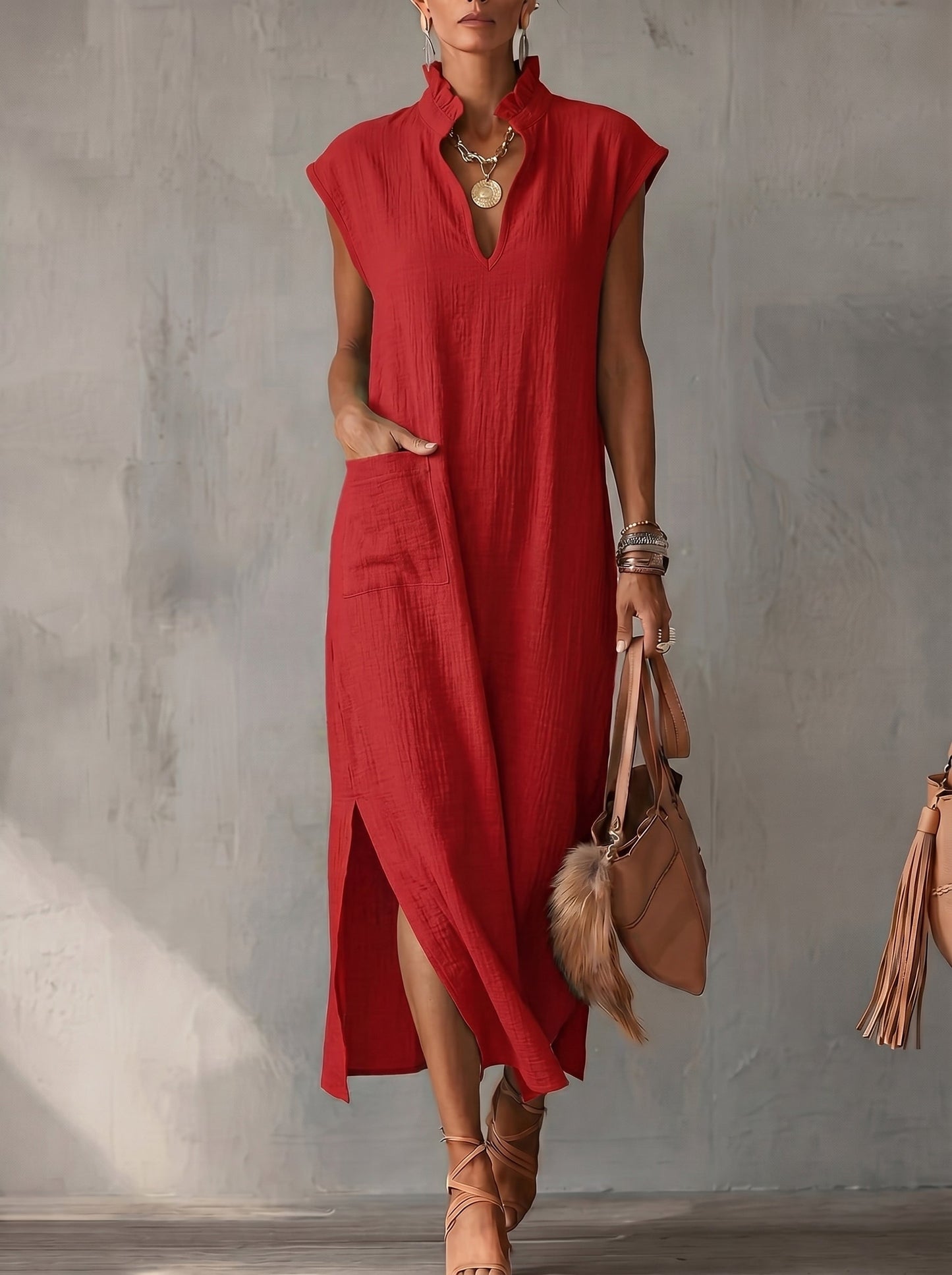 Loose Sleeveless Pockets Ruffle Trim Solid Color Split-Side Stand Collar Midi Dresses