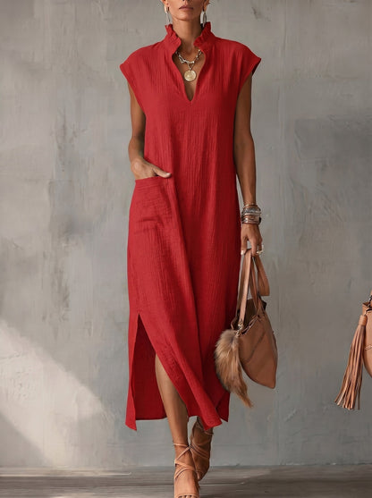 Loose Sleeveless Pockets Ruffle Trim Solid Color Split-Side Stand Collar Midi Dresses