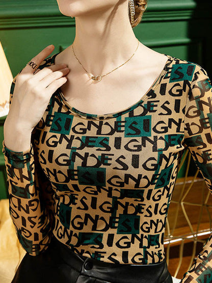 Long Sleeves Skinny Contrast Color Letter Print Round-Neck T-Shirts Tops