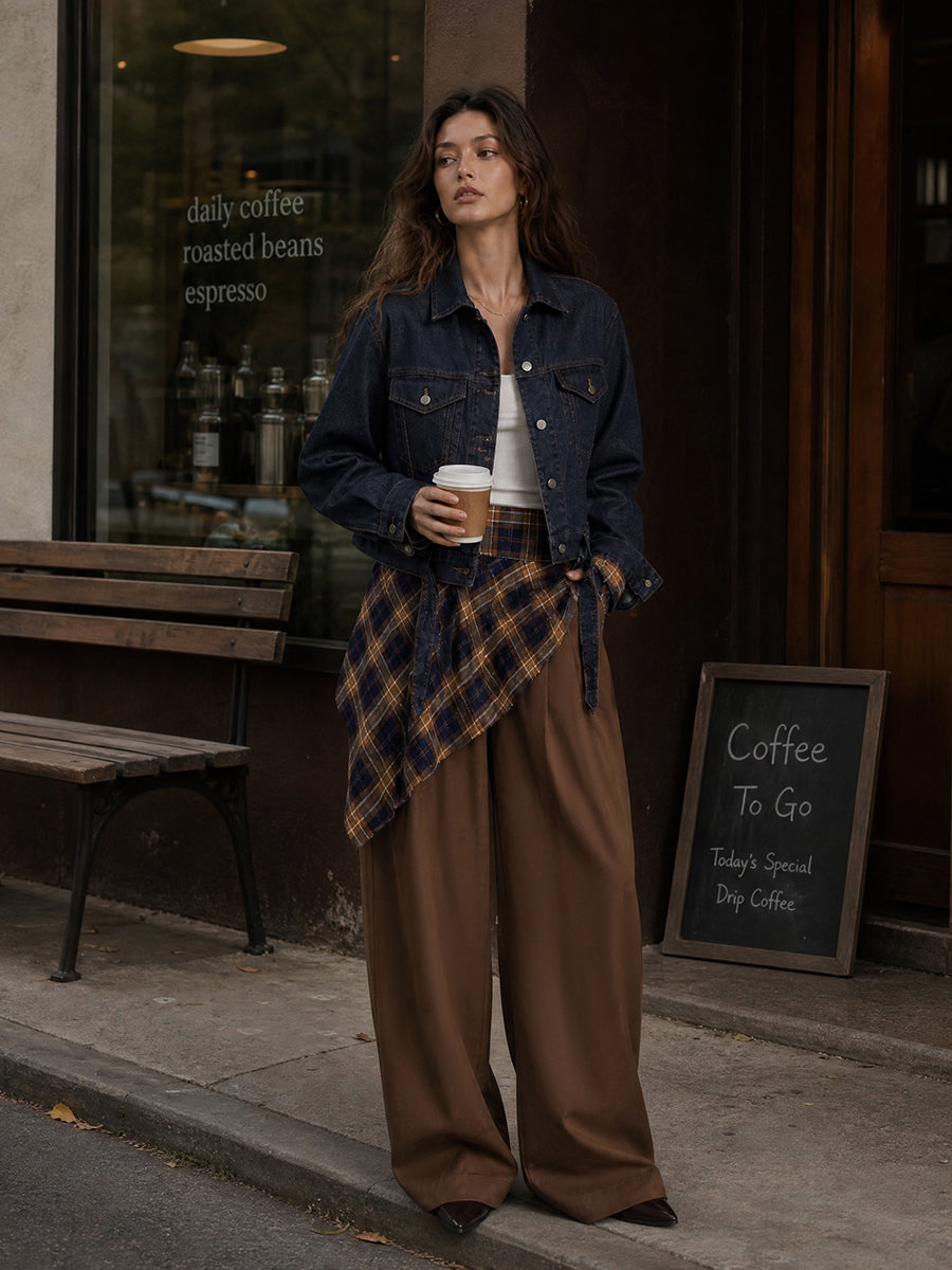 Pockets Plaid Wide Leg High Waisted Trousers Pants