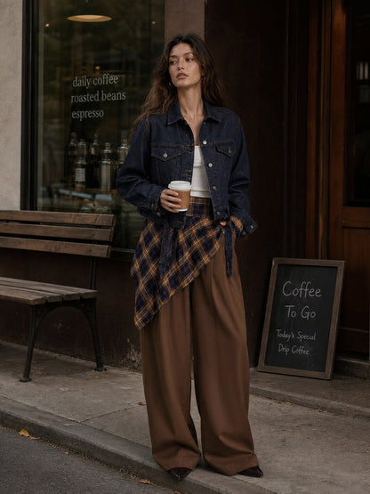Pockets Plaid Wide Leg High Waisted Trousers Pants