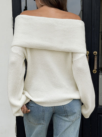 Solid Color Loose Long Sleeves Off-the-shoulder Blouses&shirts Tops