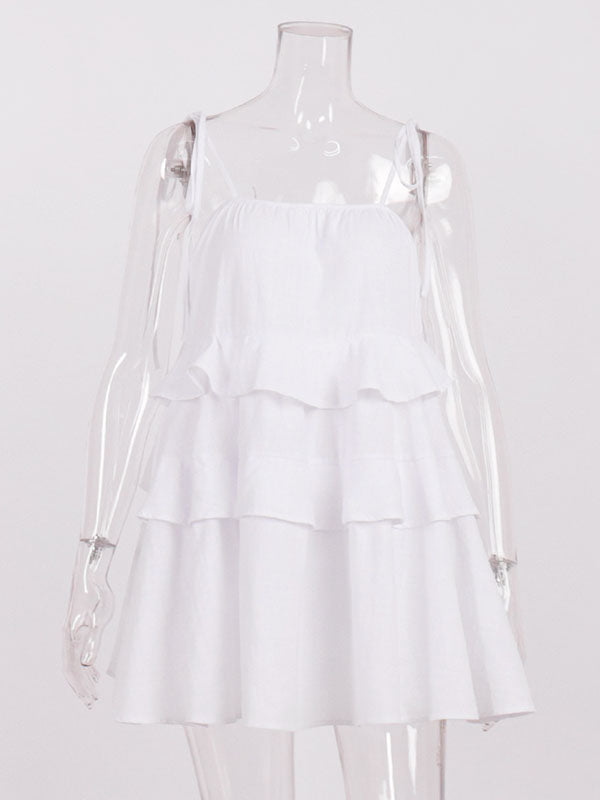 Mini-robes taille haute amples, dos nu, plissées, superposées, couleur unie, nouées, col spaghetti 