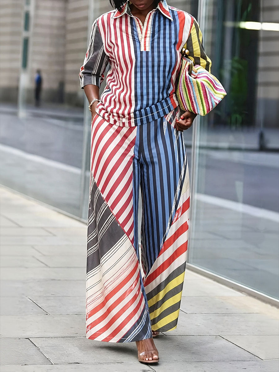 Striped Split-Joint Pockets Wide Leg Loose Trousers Pants