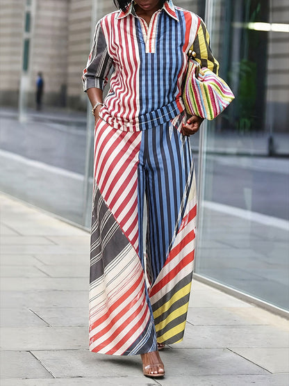 Striped Split-Joint Pockets Wide Leg Loose Trousers Pants