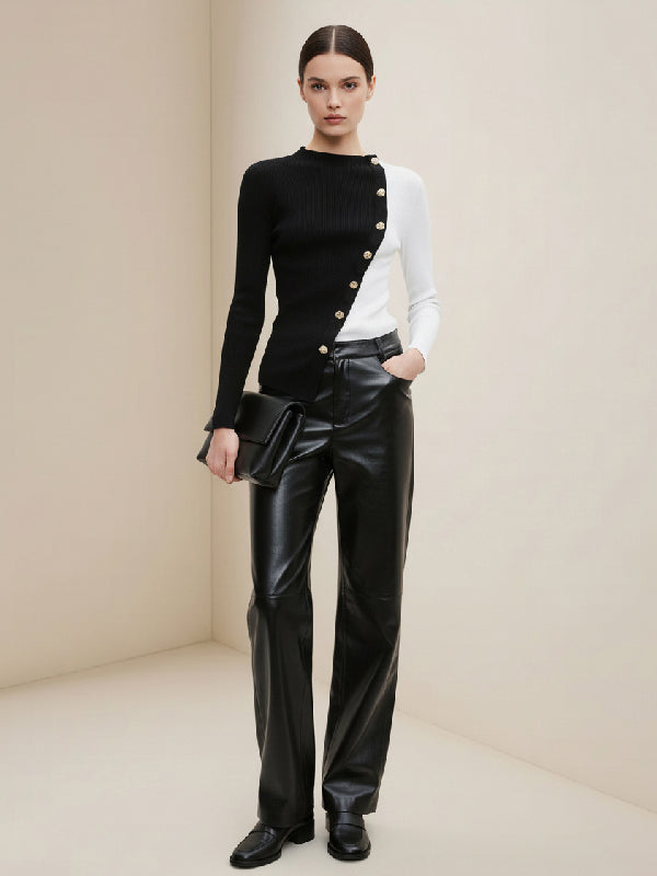 Long Sleeves Skinny Asymmetric Contrast Color Split-Joint Round-Neck Knitwear Sweater Tops
