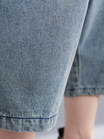 Cropped Loose Denim Buttoned Overalls