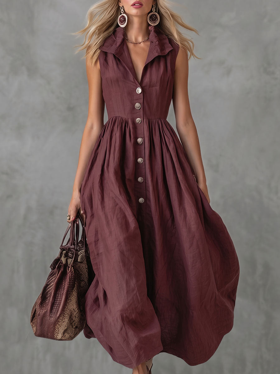 High Waisted Loose Buttoned Pleated Solid Color Lapel Maxi Dresses