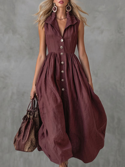 High Waisted Loose Buttoned Pleated Solid Color Lapel Maxi Dresses