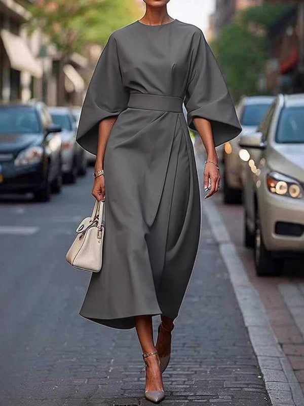 Loose Puff Sleeves Pleated Solid Color Split-Joint Round-Neck Midi Dresses